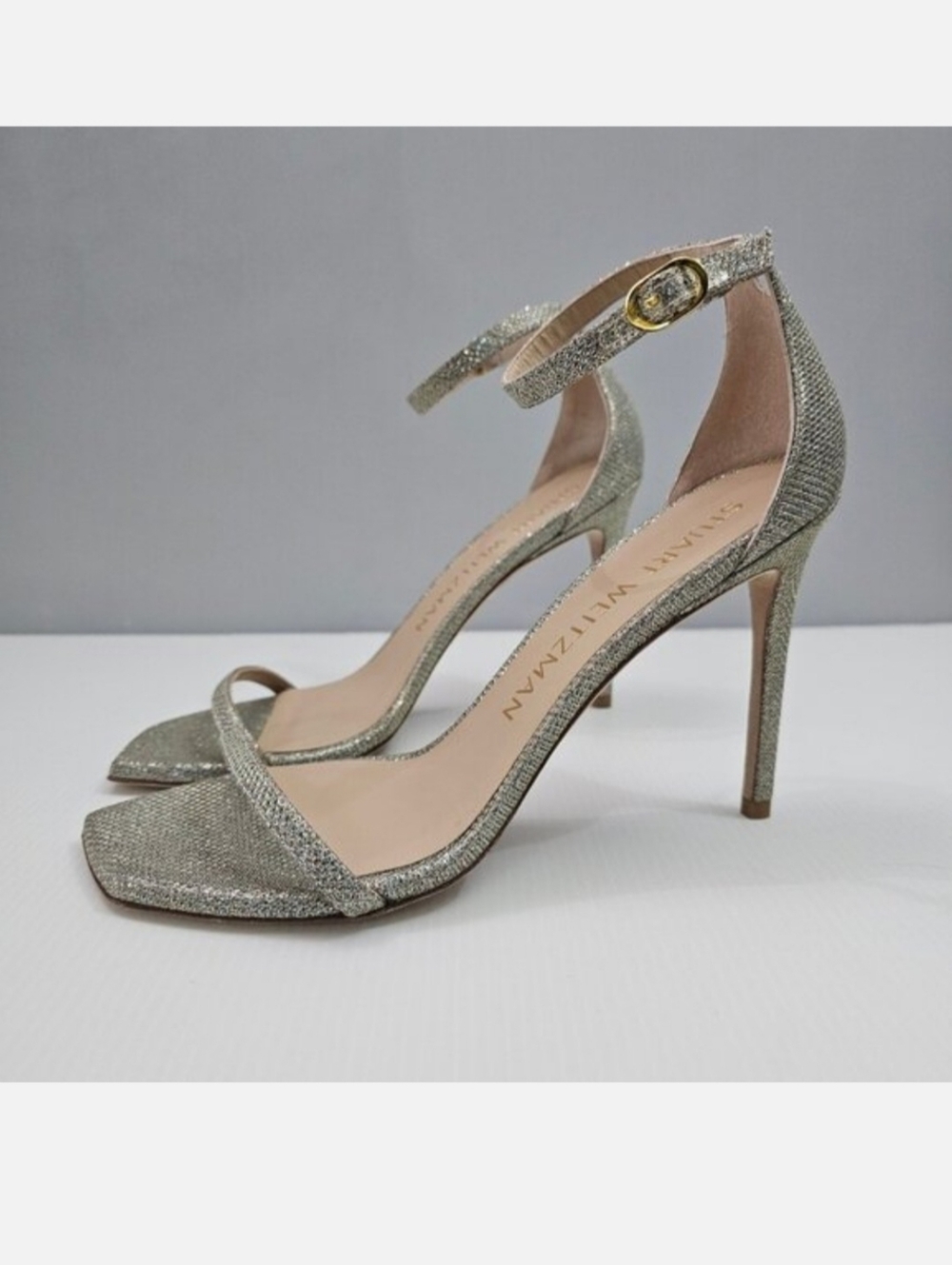 Stuart Weitzman Nudistcurve 100 Heel Sandal Women 9 Platino Glitter Mesh Strappy